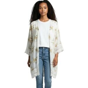 Mason & Belle Women's Laria Kimono Top M White Yellow Floral Open Front Crochet